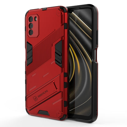 Red rugged phone case with shockproof armor panels and covered side buttons