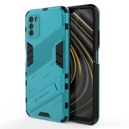 Rugged shockproof phone case with holder, teal back with black inserts, phone facing right.