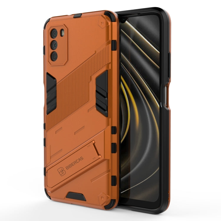Orange rugged phone case with shockproof bumper and hidden holder, screen-side view
