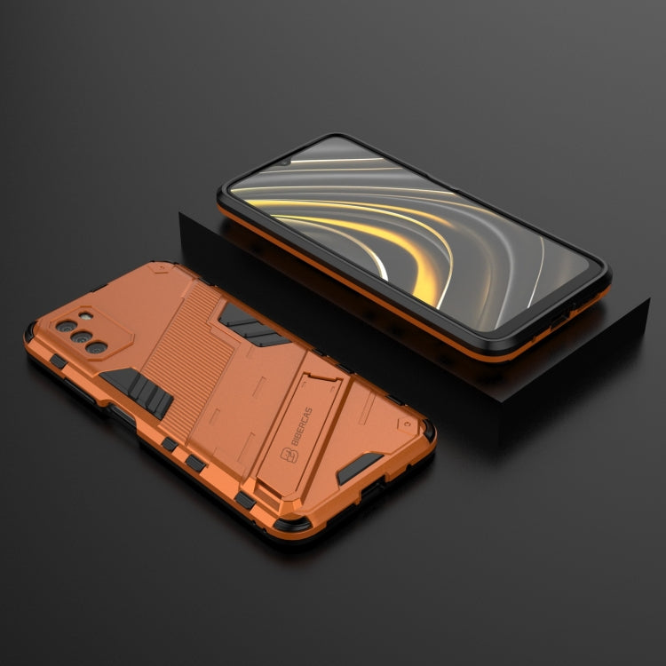 Orange 2-in-1 rugged phone case with shockproof bumper and hidden holder, front and back