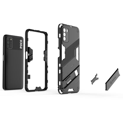 Black rugged phone case kit with shockproof frame and hidden holder, open parts view
