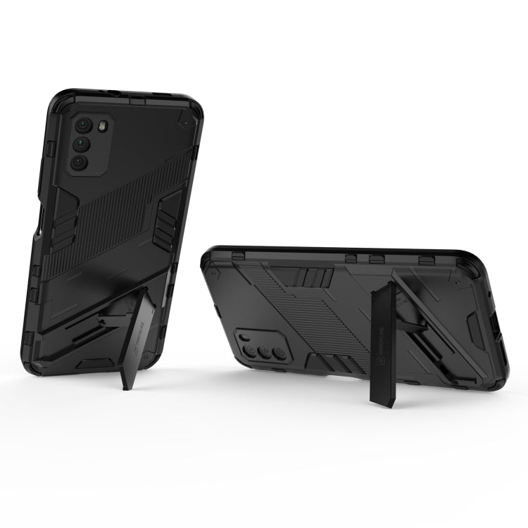 Black rugged phone case with built-in stand or holder, back and holder extended