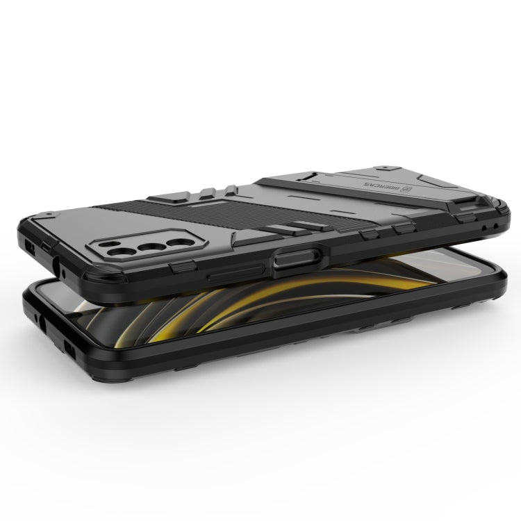 Rugged phone case with shockproof bumper and hidden holder, black backplate side view