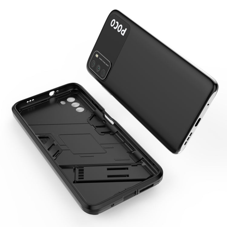 Black rugged phone case with TPU bumper and hidden holder, open cover pieces