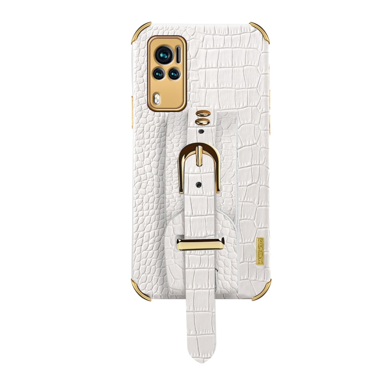 White crocodile-textured TPU case with wrist strap and gold metal buckle, back view