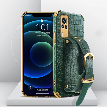 Smartphone case with crocodile pattern, electroplated finish, and wrist strap; teal/green