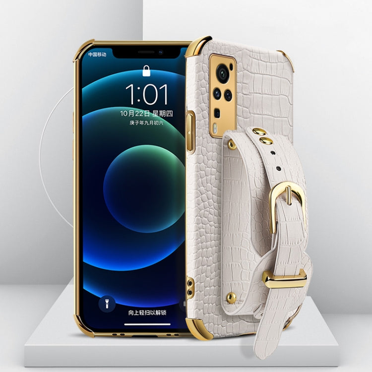 White crocodile-pattern TPU leather case with wrist strap and gold buckle, front view