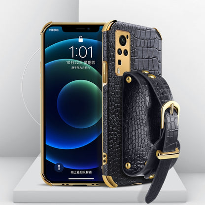 Smartphone case with crocodile pattern, electroplated finish, and wrist strap; dark gray/black