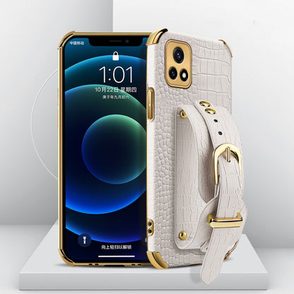 White crocodile-pattern TPU leather case with wrist strap, gold hardware, phone shown