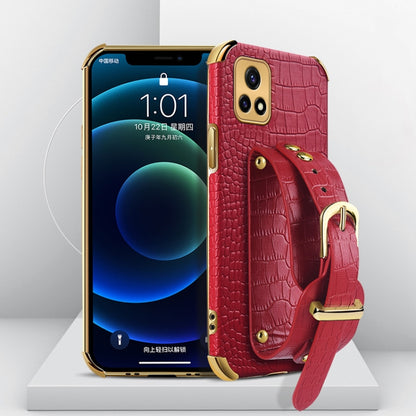 Smartphone case with crocodile pattern, electroplated finish, and wrist strap; red