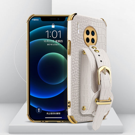 White crocodile-pattern TPU phone case with wrist strap and gold accents