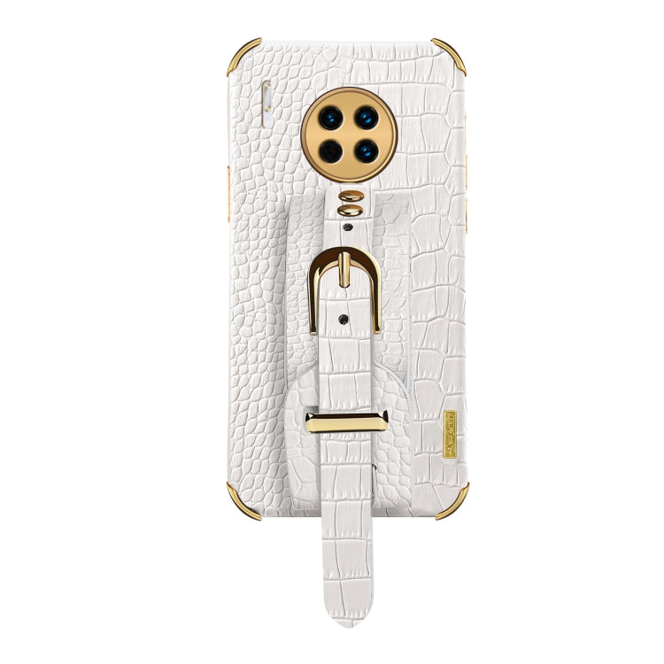White crocodile-pattern TPU phone case with wrist strap, gold ring clasp detail