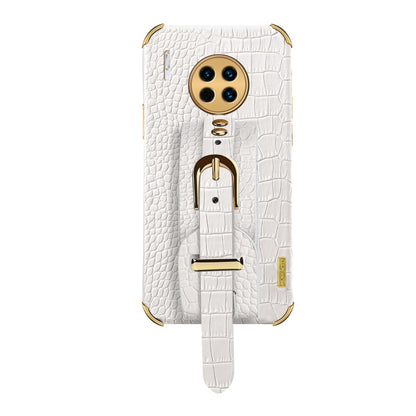 White crocodile-pattern TPU phone case with wrist strap, gold ring clasp detail
