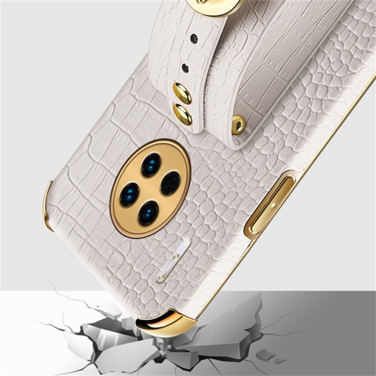 White crocodile-pattern TPU phone case closeup of gold camera cutout hardware