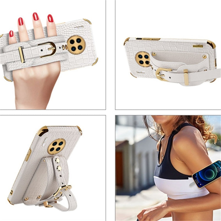 White crocodile-pattern TPU phone case with wrist strap, shown from side and back