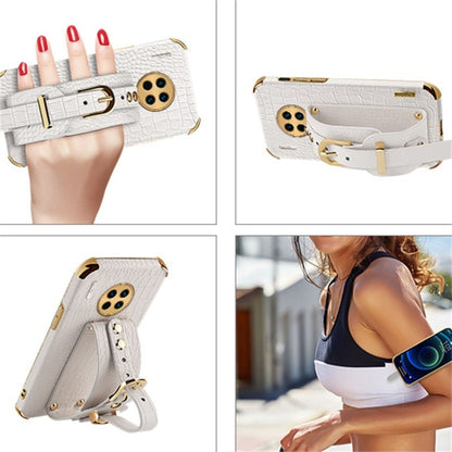 White crocodile-pattern TPU phone case with wrist strap, shown from side and back