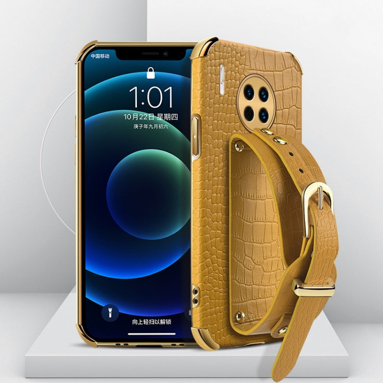 Gold/yellow crocodile-pattern TPU phone case with wrist strap and gold accents