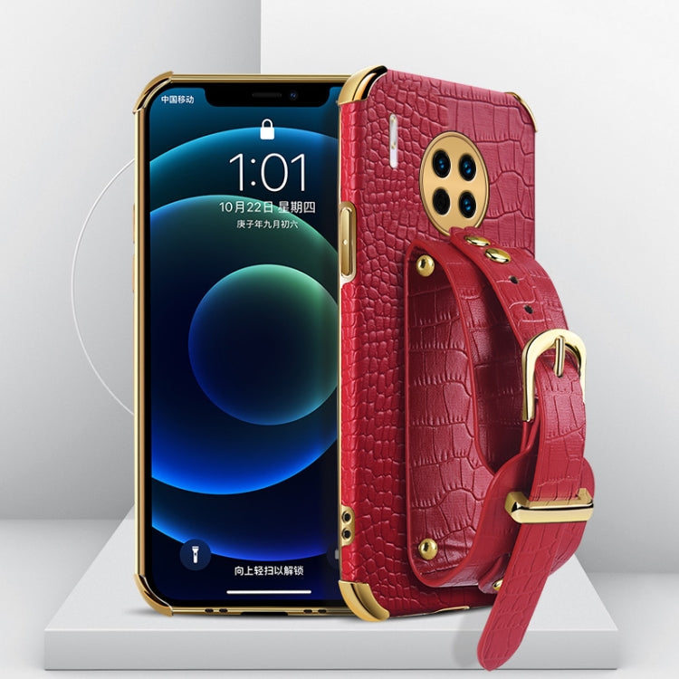 Red crocodile-pattern TPU phone case with wrist strap for Huawei, gold-tone accents.