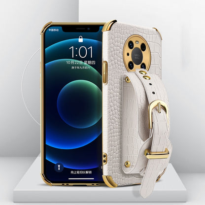White crocodile-pattern TPU phone case with wrist strap for Huawei, camera cutout and studs.