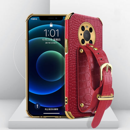 Red crocodile-pattern TPU phone case with wrist strap for Huawei, camera cutout and studs.