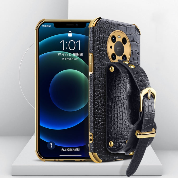 Black crocodile-pattern TPU phone case with electroplated finish and wrist strap