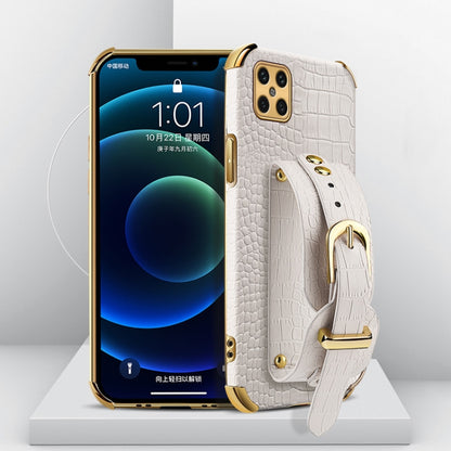 White crocodile-pattern TPU phone case with electroplated finish and wrist strap