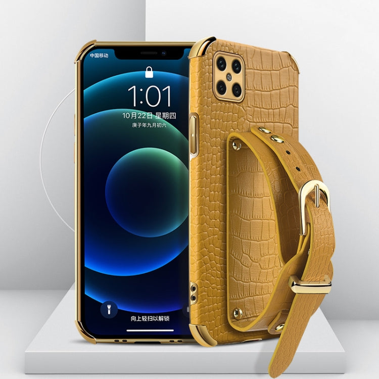 Gold crocodile-pattern TPU phone case with electroplated finish and wrist strap