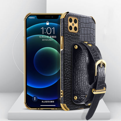 Black crocodile-texture TPU phone case with wrist strap and electroplated accents