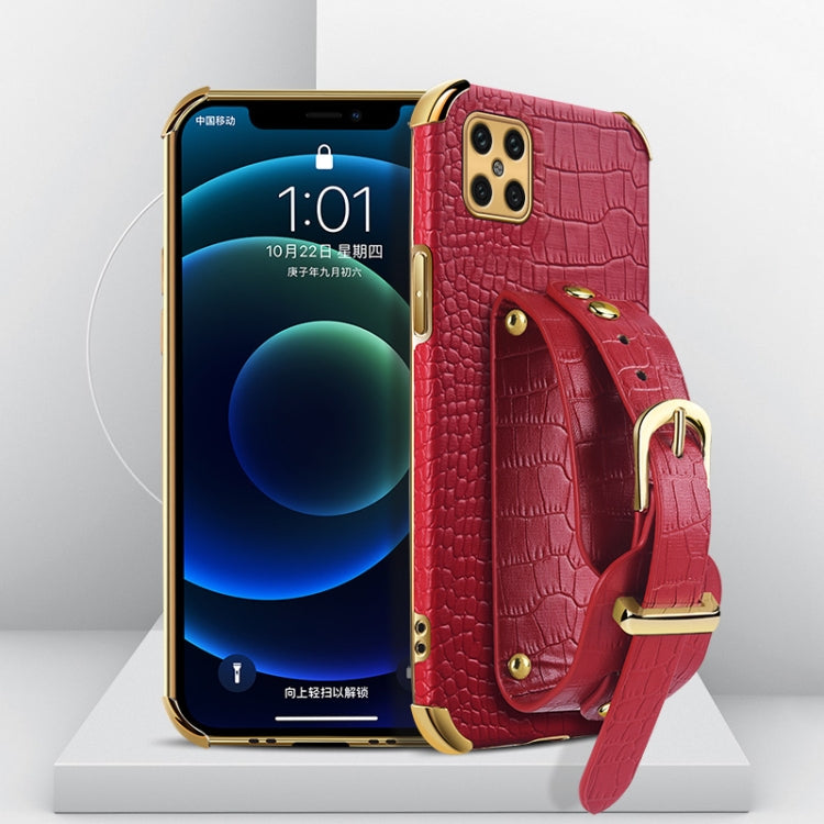Red crocodile-texture TPU phone case with wrist strap and electroplated accents