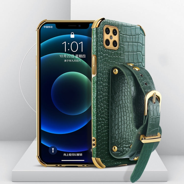 Teal-green crocodile-texture TPU phone case with wrist strap and electroplated accents