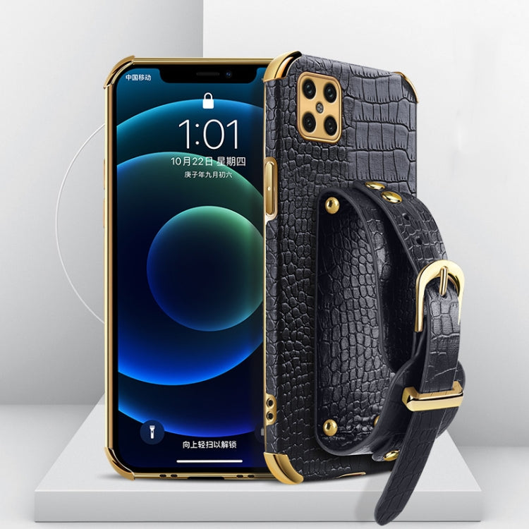 Electroplated TPU crocodile-pattern phone case with wrist strap, black (side view)
