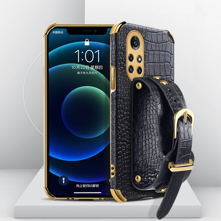 Electroplated TPU crocodile-pattern phone case with wrist strap, black (front view)