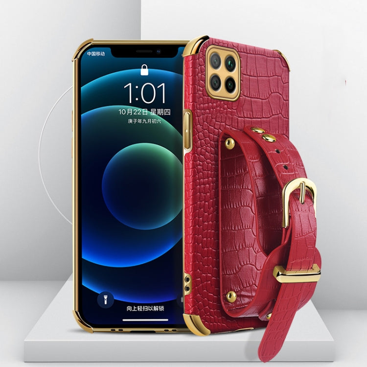 Electroplated TPU crocodile-pattern phone case with wrist strap, red (front view)