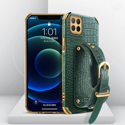 Electroplated TPU crocodile-pattern phone case with wrist strap, teal/green (front view)