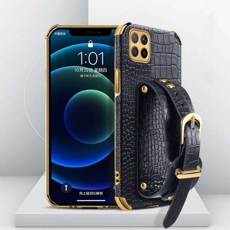 Electroplated TPU crocodile-pattern case with wrist strap, dark black