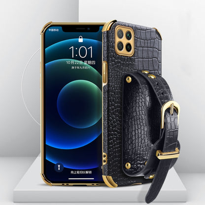 Electroplated TPU crocodile-pattern case with wrist strap, dark black