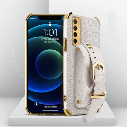 Electroplated TPU crocodile-pattern case with wrist strap, white