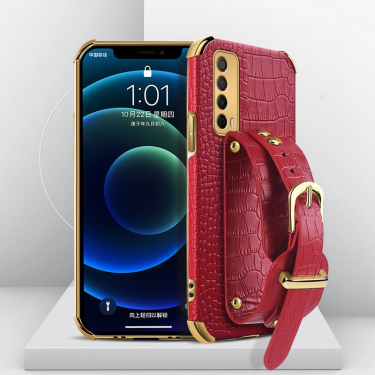 Electroplated TPU crocodile-pattern case with wrist strap, red