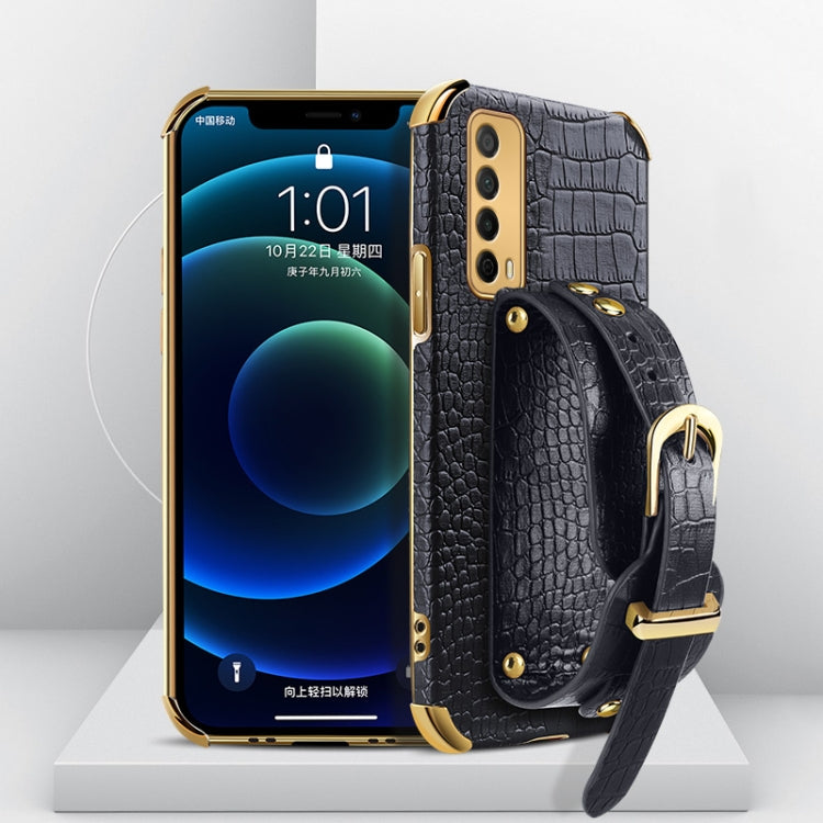 Electroplated TPU crocodile-pattern case with wrist strap, dark black