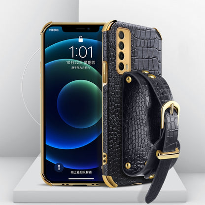 Electroplated TPU crocodile-pattern case with wrist strap, dark black
