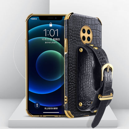 Black crocodile-pattern TPU phone case with gold trim and wrist strap, camera cutout