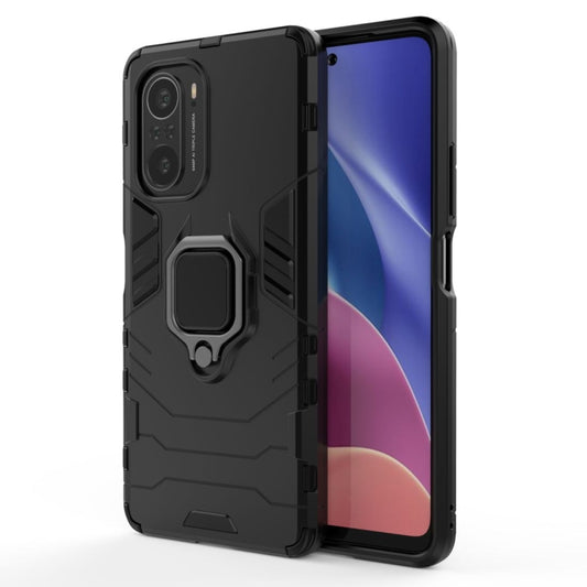 Black shockproof phone case with TPU edges and magnetic ring holder, for Redmi K40