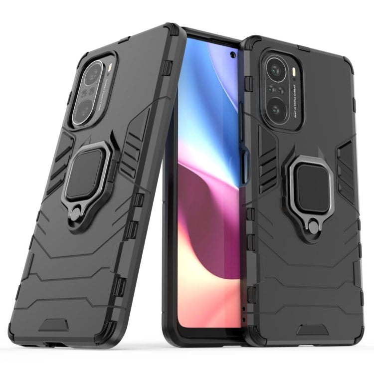 Black shockproof phone case with magnetic ring holder, showing front and back views
