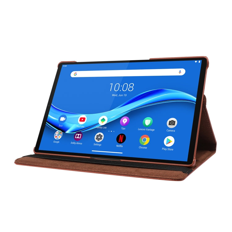 Brown flip leather case holding tablet in landscape viewing stand
