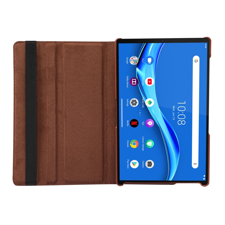Brown flip leather case with fabric interior and tablet screen on stand