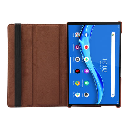 Brown flip leather case with fabric interior and tablet screen on stand