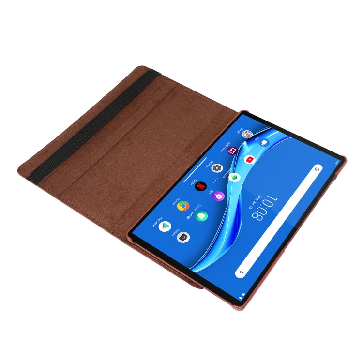 Brown flip leather case holding tablet on angled viewing stand