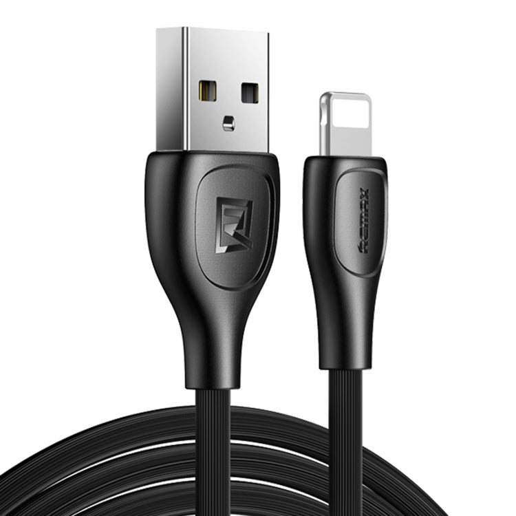 Close-up of Remax Lesu Pro black USB-A to 8-pin charging data cable ends