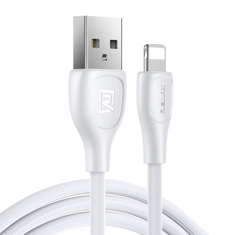 Close-up of Remax Lesu Pro white USB-A to 8-pin charging data cable ends