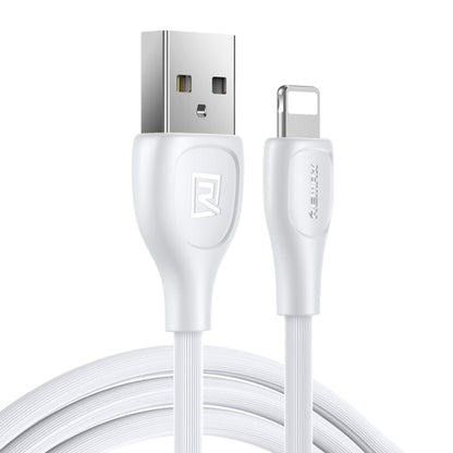 Close-up of Remax Lesu Pro white USB-A to 8-pin charging data cable ends